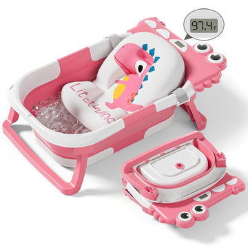 Collapsible Baby Bathtub for Newborn, Foldable Baby Bath Tub with Thermometer & Soft Floating Cushion & Drain Hole