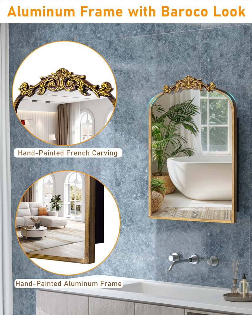 16x24 Inch Bronze Medicine Cabinet Mirror with Hand-Made Vintage Carving Flower and Aluminum Frame, Full Metal