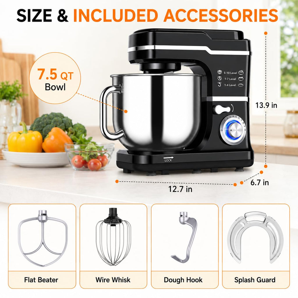 7.5 QT Stand Mixer, 10-Speed Tilt-Head Electric Mixer with Stainless Steel Bowl, Dough Hook, Whisk, Beater, Splash