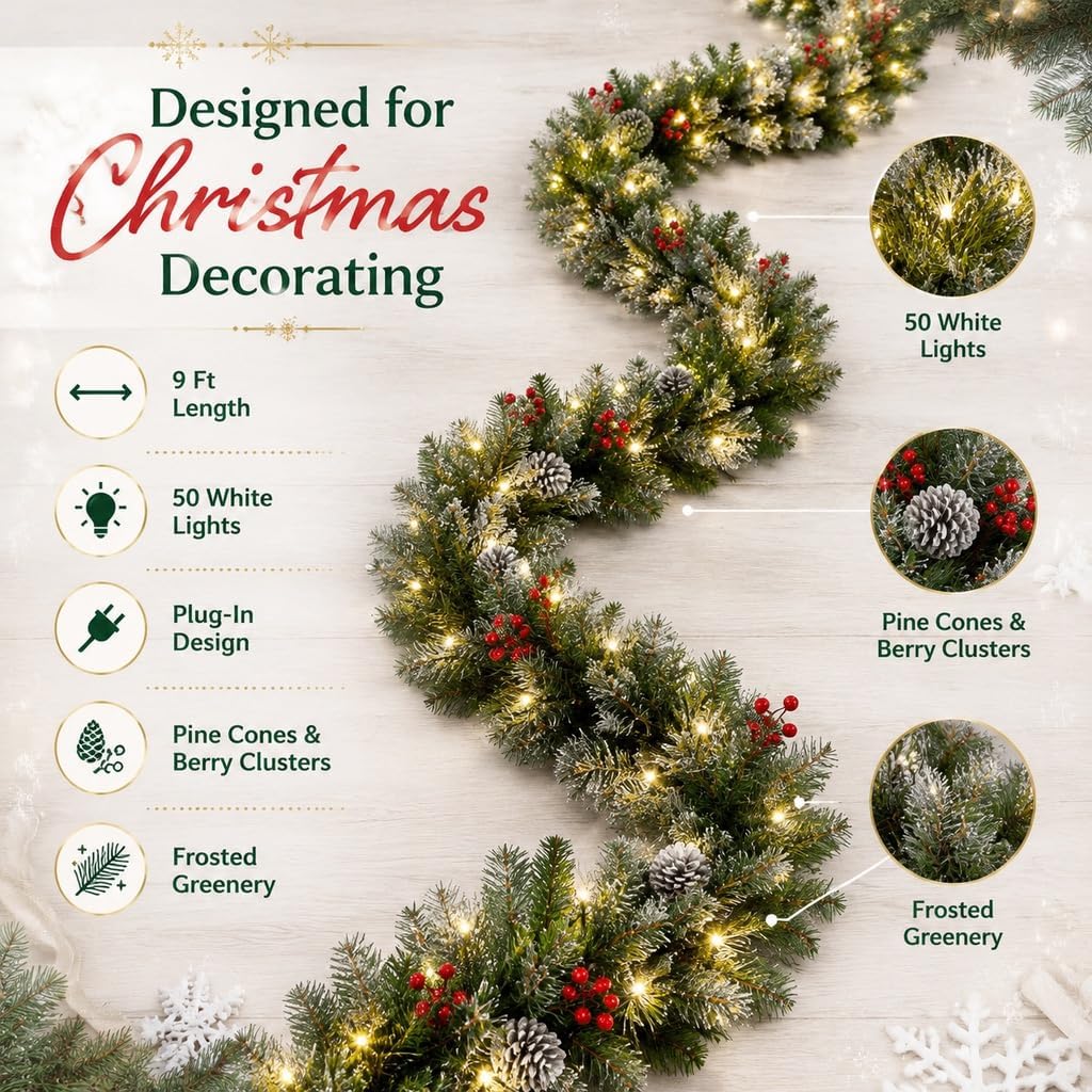 Pre-Lit Artificial Christmas Garland, Snowflake Garland, 50 Warm White Lights, Decorated with Pine Cones and Berry