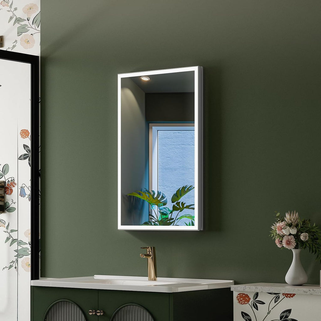 16"x26" LED Medicine Cabinet with Mirror, Recessed or Surface | Silver aluminum lighted mirror cabinet with shaver