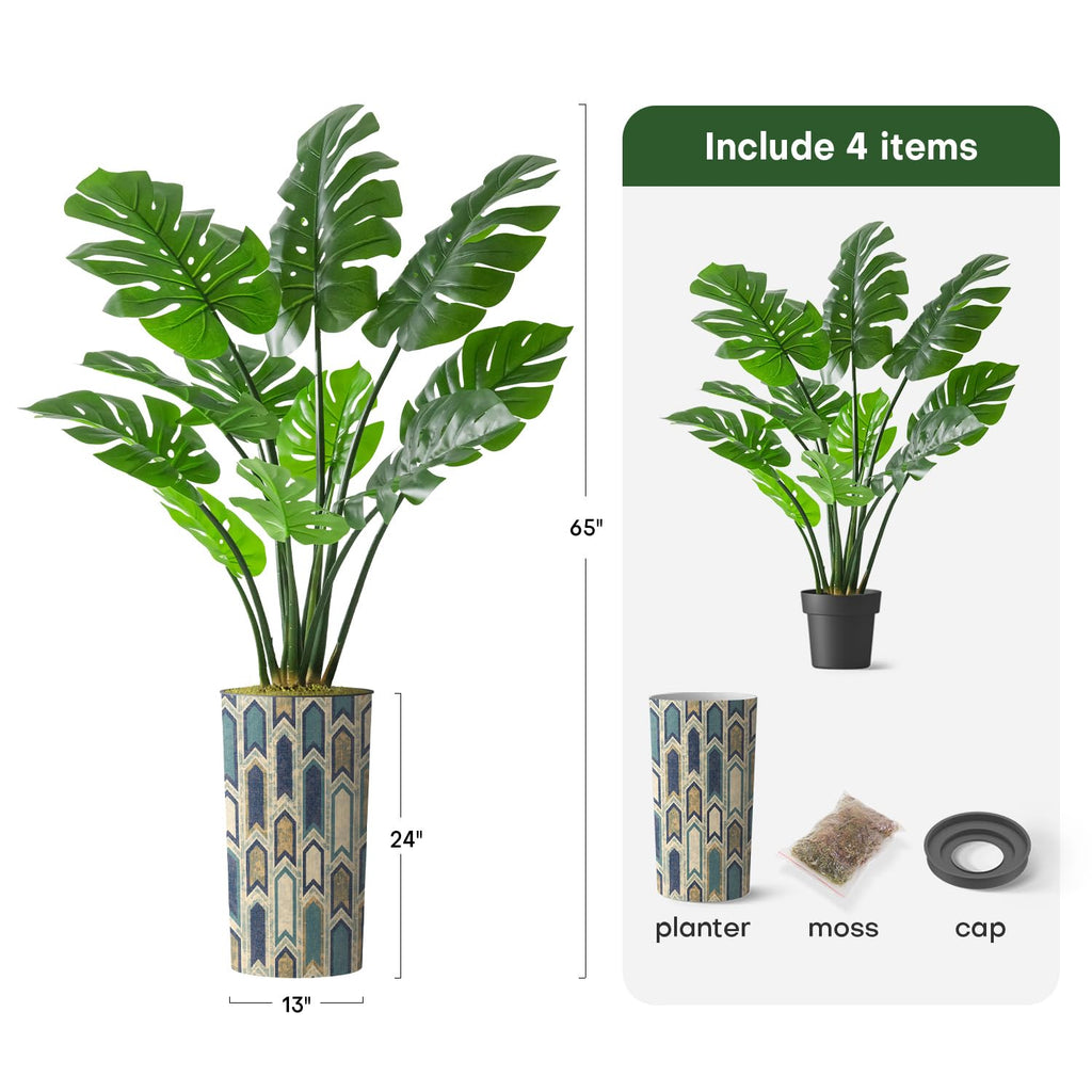 Artificial Tree in Modern Polygon Pattern Effect Planter, Fake Monstera Silk Tree for Indoor and Outdoor Home