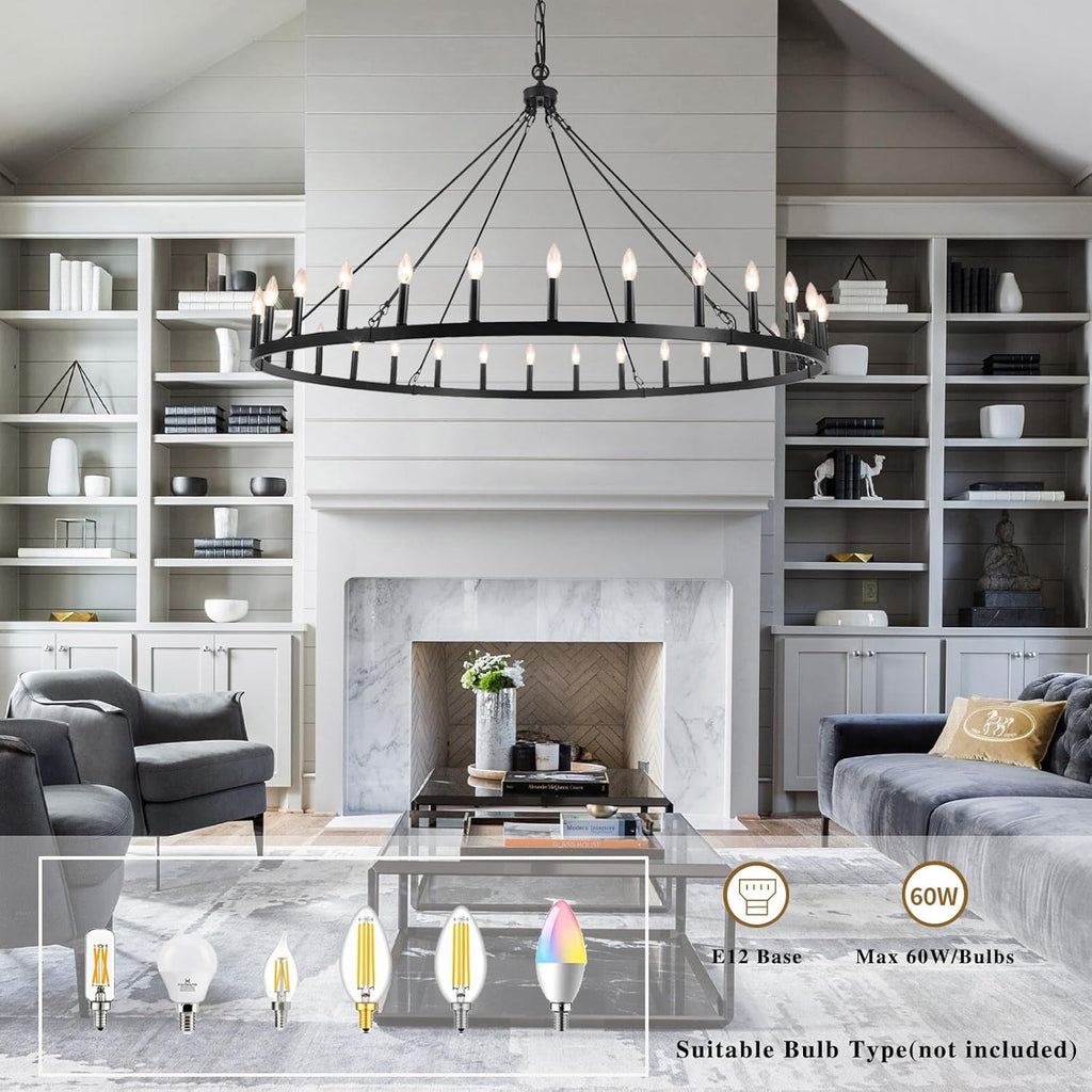 Inspired Camino Style Chandelier - Black Extra Large Wagon Wheel Chandelier, 60 inch 30 Lights Farmhouse Chandelier, Industrial Candle Round Pendant Light Fixture for High Ceiling Living Room Dining Room Entryway A105-B0CXXPC72R
