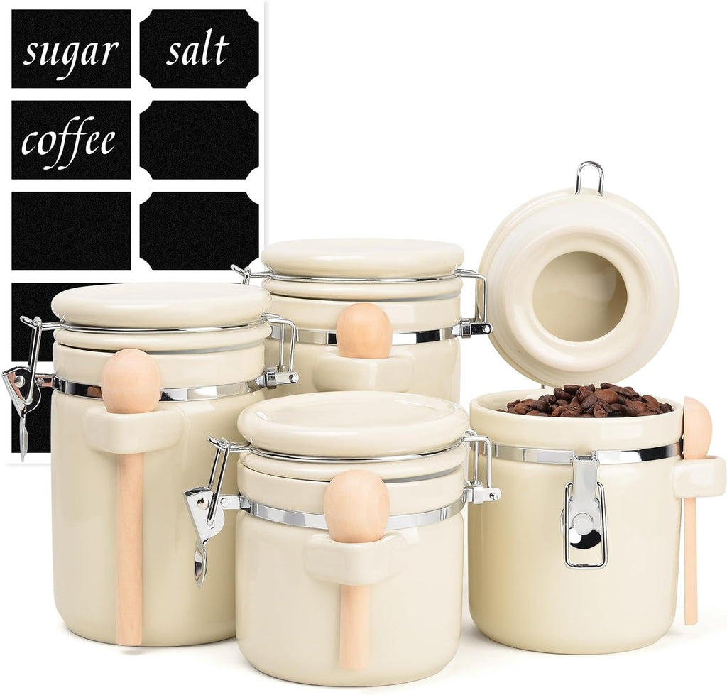 Airtight Ceramic Canister Set With Attached Wooden Spoon Reusable Chalk Labels For Dry Goods Sugar Coffee Tea - Set of 4