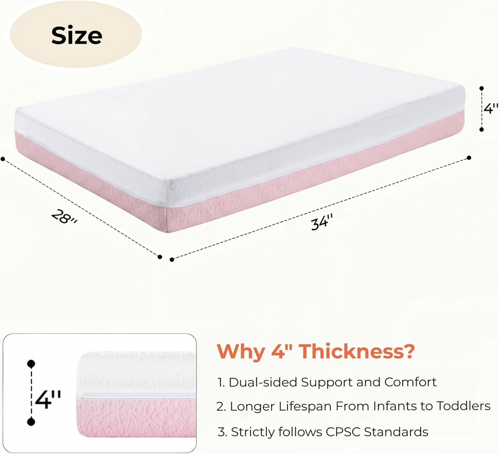 Mini Crib Mattress, 2-Stage Firmness 38x24x4 Inch for Mini & Portable Cribs | Breathable Dual-Sided Firm Support for