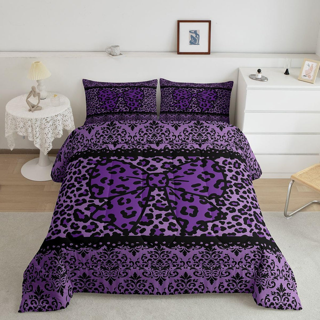 Black Purple Leopard Damask Bowknot Print Adults Comforter Set Full Size Gothic Antique Victorian Baroque Bedding Set