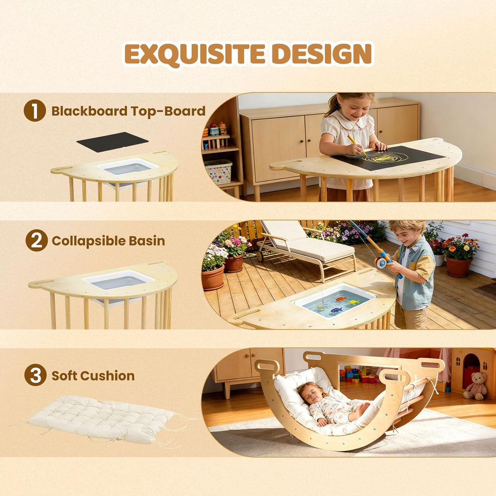 In-1 Triangle Climber Arch Rocker with Cushion Sensory Table Set for Kids, Montessori Wooden Climbing Toys