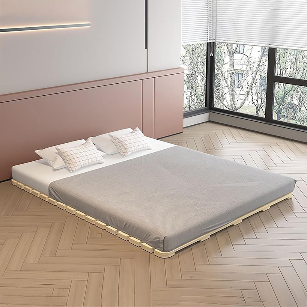 Foldable Wood Floor Bed Frame, Solid Pine Platform with Slats, Space Saving Tatami Style for Small Rooms, Easy