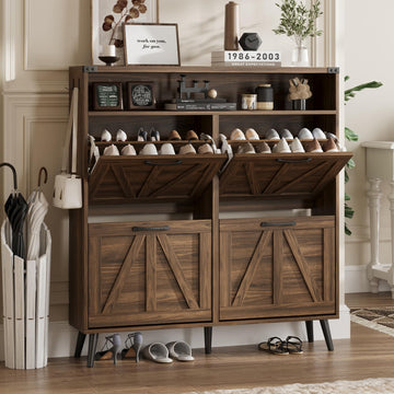 Shoe Cabinet with 4 Flip Drawers, Farmhouse Shoe Storage Cabinet, Narrow Freestanding Organizer Rack with Open Shelves