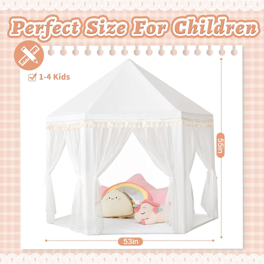 White Princess Tent Girls Tassel Decor Large Playhouse Kids Castle Play Tent with Star Lights Toy for Children Indoor