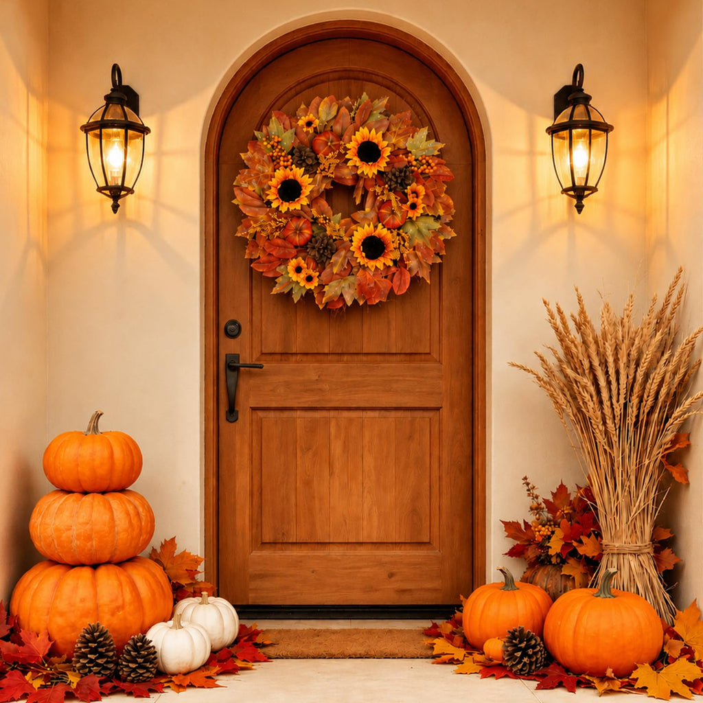 24 Inch Fall Wreath for Front Door with Artificial Sunflower