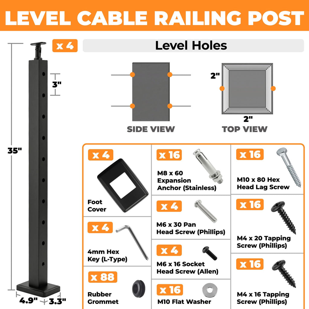 4Pack 36" Level Post Cable Railing Post, Horizontal Drilled
