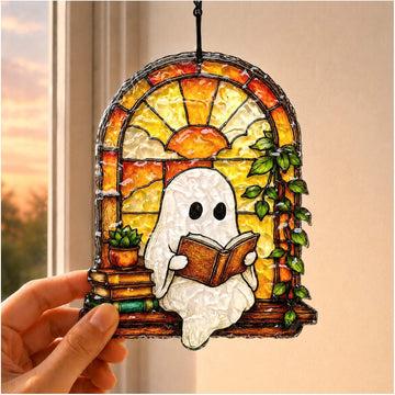 Ghost Reading Book Suncatcher Hanging Decor, Water-Ripple Acrylic Stained Glass Inspired Ornament, Decor for Reading