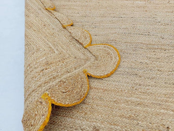 10x14 Feet Yellow Border Premium Scalloped Jute Rug Boho Scalloped Rug HandcraFeeted Natural Braided