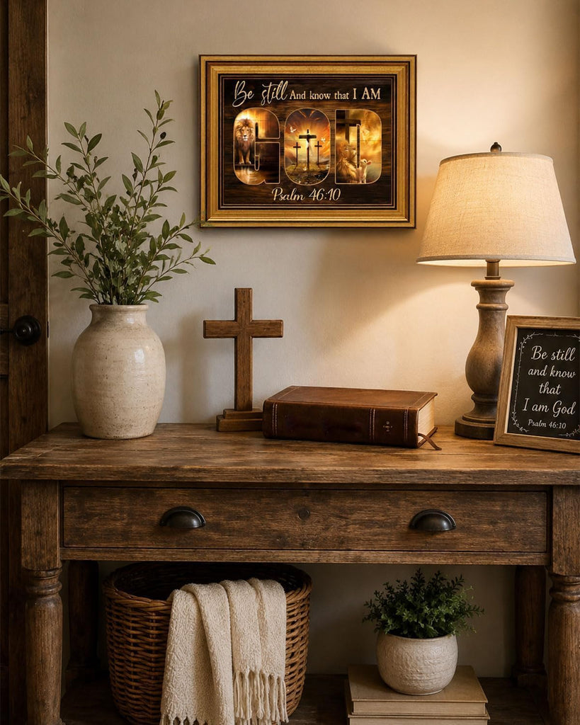 Gold Framed Wall Art, Christian God Canvas Prints, Lion and Lamb Cross Picture Wall Decor, Religious Bible Verse