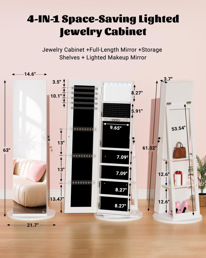 LED Jewelry Cabinet Standing with Frameless Full-Length Mirror, White