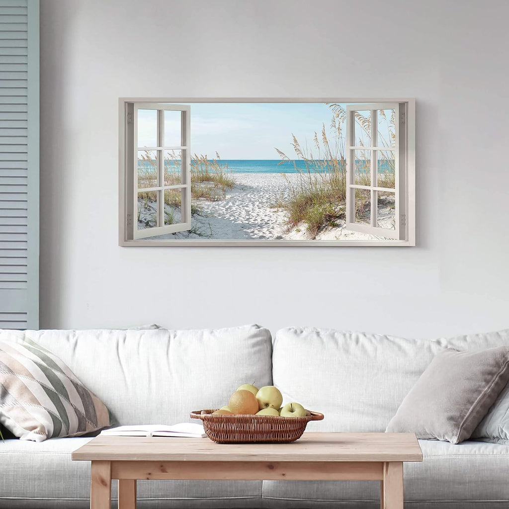 Window Beach Wall Art Prints: Modern Large Tropical Coastal Landscape Canvas Bedroom Blue Ocean Picture Relaxing