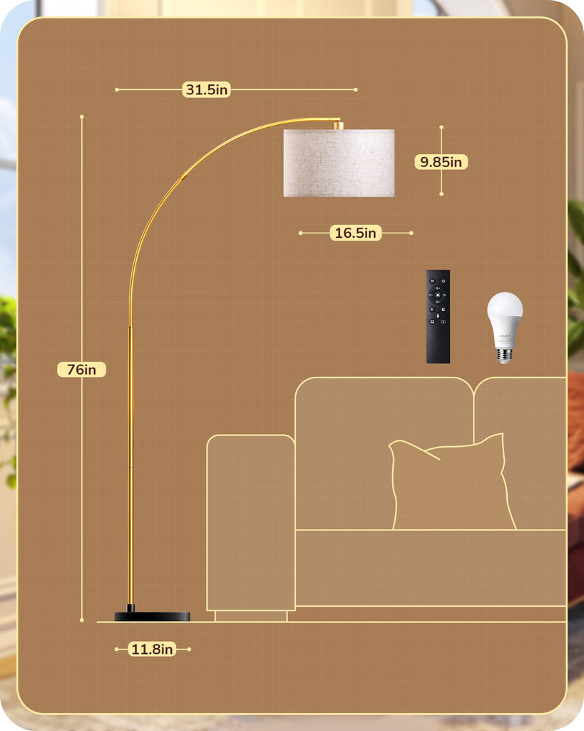78.3" Gold Arched Floor Lamp with Remote, Modern Standing Lamp