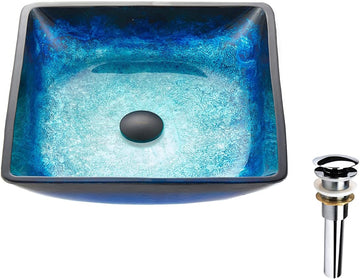 Blue Lotous Square Tempered Deco Glass Vessel Bathroom Sink in Lustrous Blue | Top Mount Sinks Above Countertop |