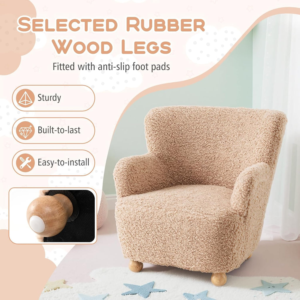 Comfy Toddler Chair, Sherpa Kids Armchair with Rubber Wood Legs, Children Reading Chair for Boys & Girls, Upholstered