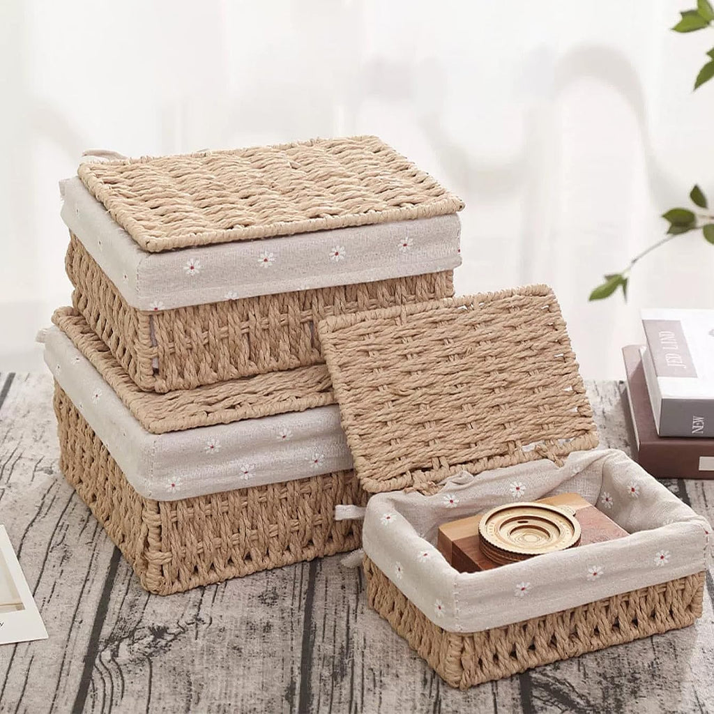 GIB Small Wicker Storage Baskets with Lid/Liner Woven Cute Decorative Boxes | Boho Paper Rope Baskets for Shelves