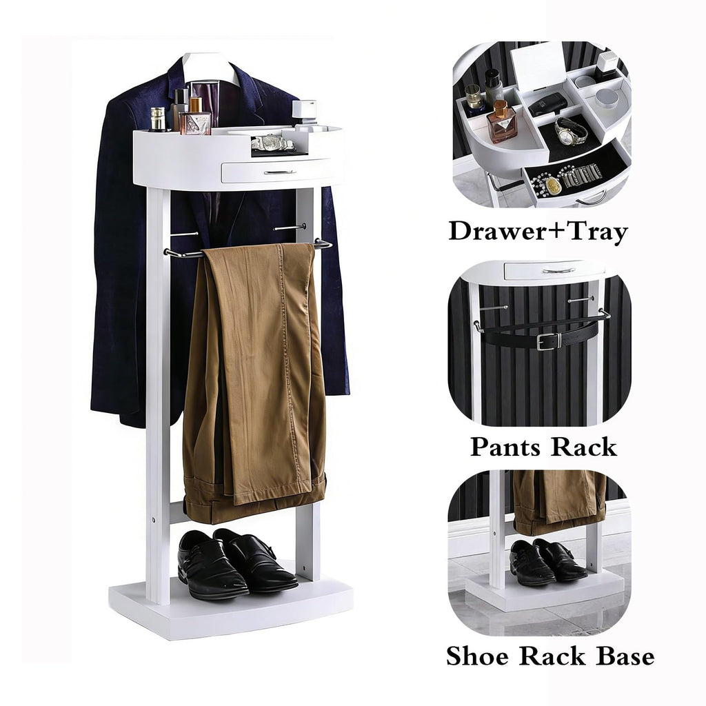 Wooden Suit Valet Stand with Drawer, Top Tray, Trouser Bar, Tie Hooks and Shoe Rack, Freestanding Clothing Organizer
