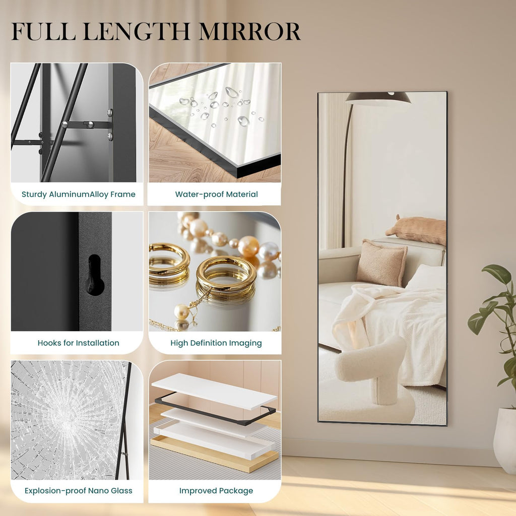 64"x21" Full Length Mirror, Full Body Floor Mirror, Black