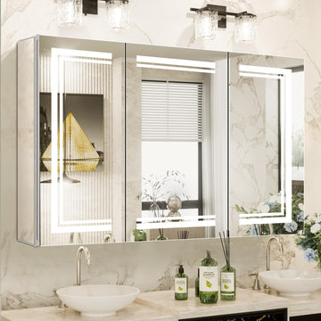 High-End Led Medicine Cabinet, Lighted Medicine Cabinet, 3 Colors&Dimmable, Demister, Lighted Glass Shelf, USB Shaver