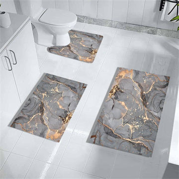 Grey Gold Marble Bathroom Mats Rugs Sets 3 Piece, Abstract Bath Mat Quick Dry Thin Rubber Back Diatomaceous Earth