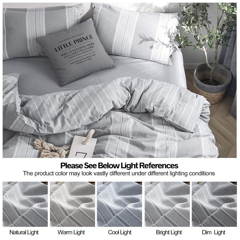 Striped Duvet Cover Set 3pcs 100% Washed Cotton Linen Like Textured with Bowknot Bow Ties Strap Reversible Breathable