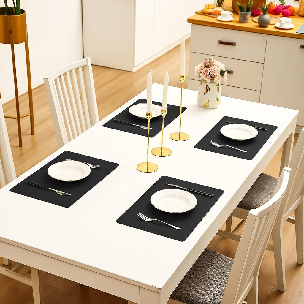 Placemats Black Leather Place Mats Waterproof Wipeable Heat Resistant Sturdy Rectangle Kitchen Dining Table - Set of 4