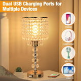 Crystal Table Bedside Lamp Touch Control, 3-Way Dimmable Small Nightstand Lamp with 2 USB Charging Ports