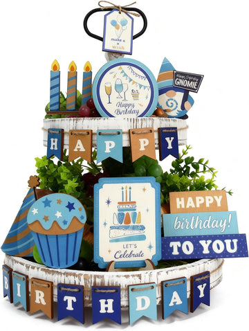 Wooden Tiered Tray Decor Set, Farmhouse Birthday Decor with Happy Birthday Sign, Rustic 2 Tier Tray Stand - Set of 24