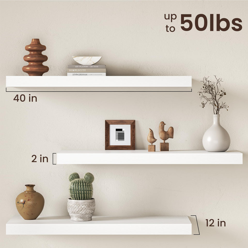 40Inch White Floating Shelves for Wall, 12 Inch Deep Shelves Wall Mounted, Rustic Wood Floating Shelf with Invisible