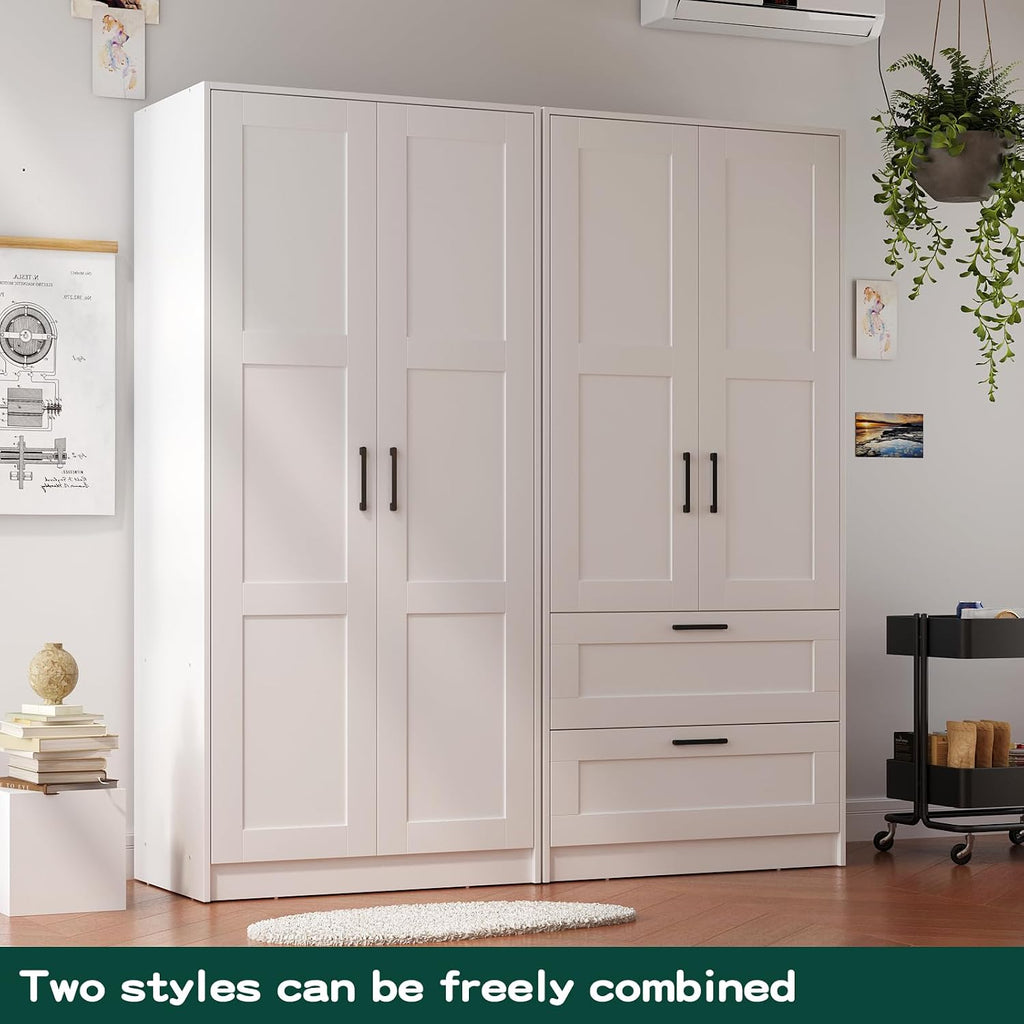 Wood White Wardrobe Closet with 2 Doors and 2 Drawers,Bedroom Freestanding Armoire Storage Cabinet with