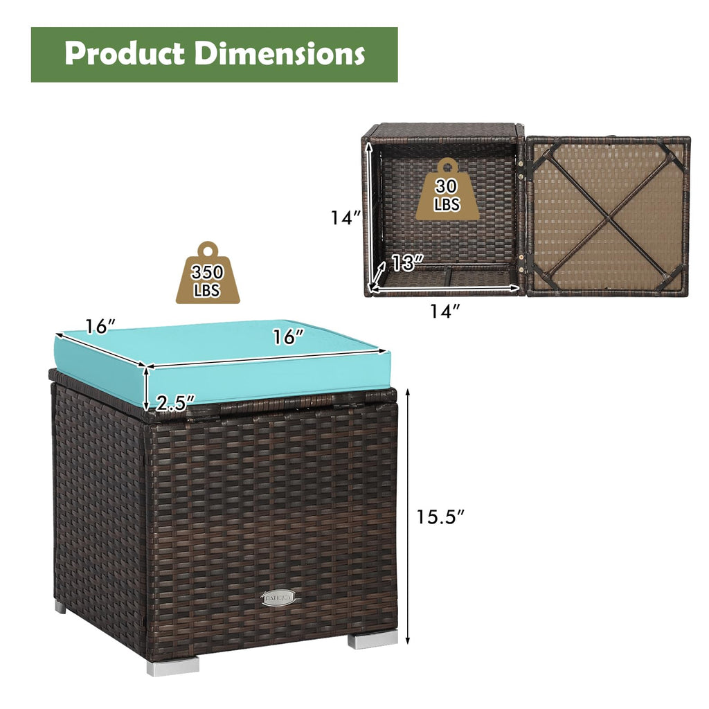 2PCS Patio Ottoman Set Outdoor Wicker Stool with Storage, Rattan Footrest Ottoman with Solid Metal Frame and Cushion