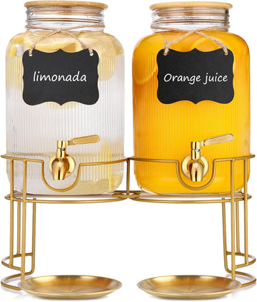 Drink Dispensers For Parties- 1 Gallon Beverage Dispenser with Stand and Spigot 18/8 Stainless Steel Leak-proof- Sun - Set of 2