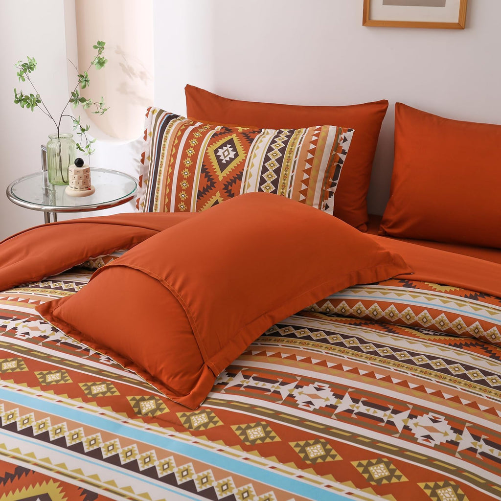 Burnt Orange/Terracotta Comforter Set King, Lightweight Boho Bed in A Bag King Size 7 Piece Aztec Fall Bedding Set