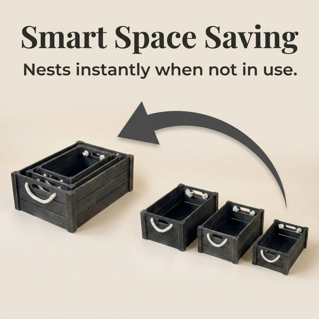 Set of 3 Black Wooden Crates with Rope Handles, Nesting Decor Storage Boxes