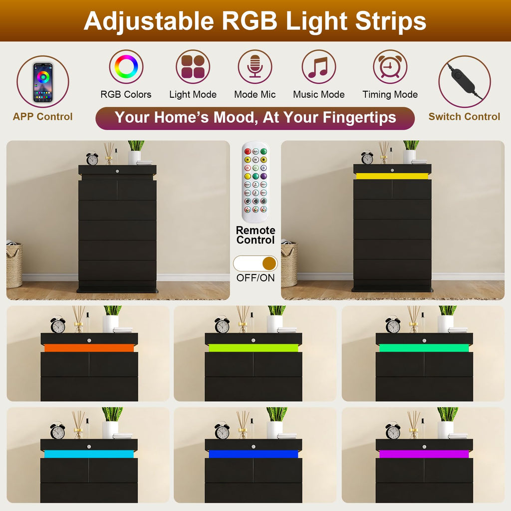 48" Tall Black Dresser 6 Drawer with LED Lights & Charging Station