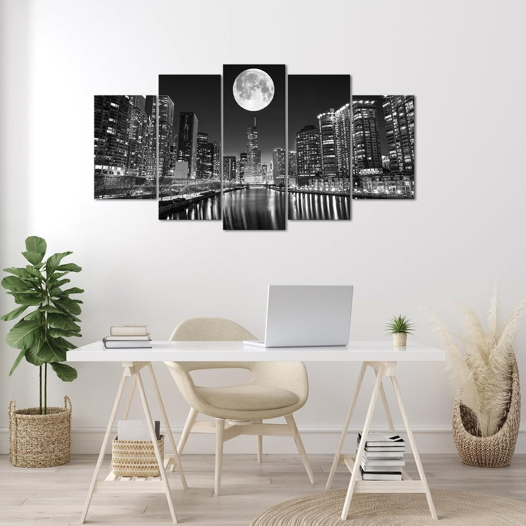 5 Panel Chicago Skyline Wall Art Cityscape at Moon Night Picture Canvas Prints Modern Black and White City Painting