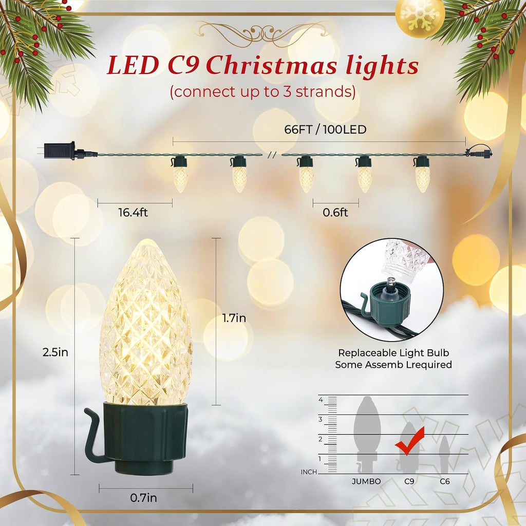 100 LED C9 Christmas Lights Outdoor: 66 FT 8 Modes Plug in Connectable C9 Warm White Christmas Lights for Tree Roof