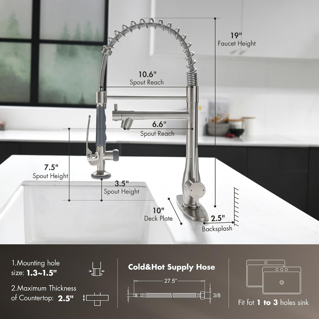 Commercial Kitchen Sink Faucet with Pull Down Sprayer Brushed Nickel | High Pressure Double Headed Spray, Stainless