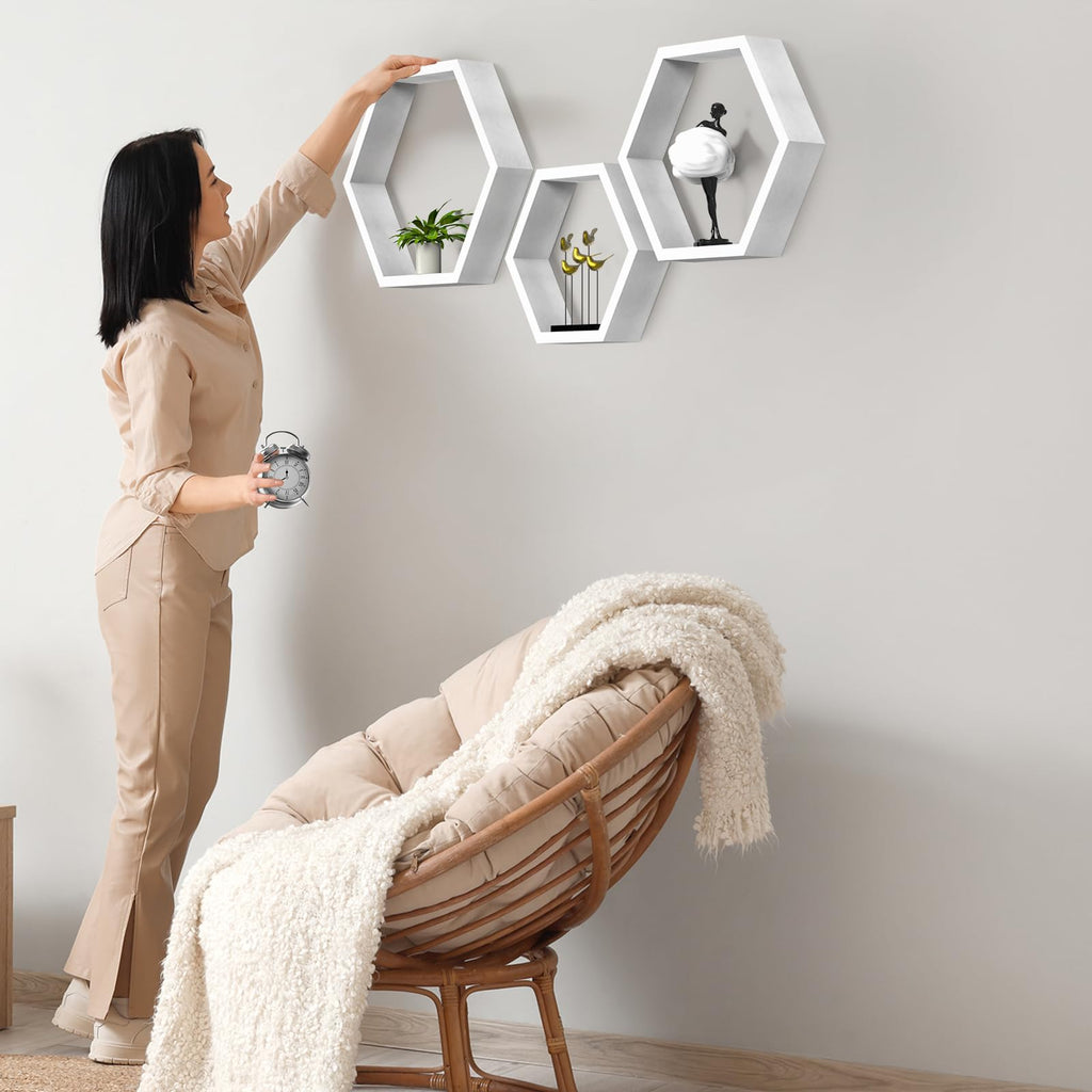 Hexagon Floating Shelves Set of 3, White Wooden Hexagon Shelves for Wall Decor, Modern Honeycomb Floating Hanging