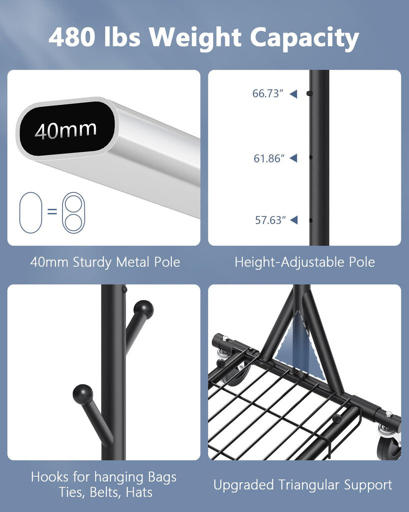 1-Minute Assembly Clothes Rack, 480 lbs Heavy Duty Rolling Clothing Racks with Wheels, Foldable Garment Rack