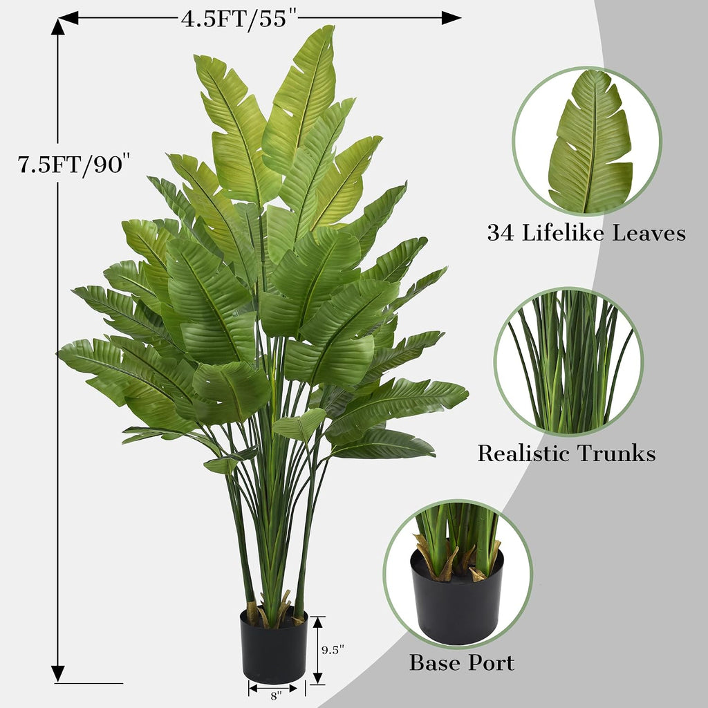 Bird of Paradise Plant Artificial 7.5FT - Tall Faux Plants Indoor with 34 Lifelike Leaves & Trunks, 96" Large Fake