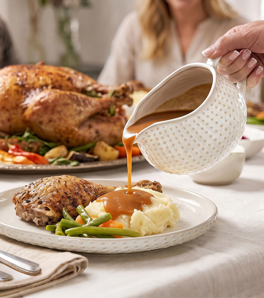 24oz Gravy Boat with Ladle and Saucer Stand, Large Ceramic Sauce Boat with Tray for Gravy, Salad Dressings, Creamer