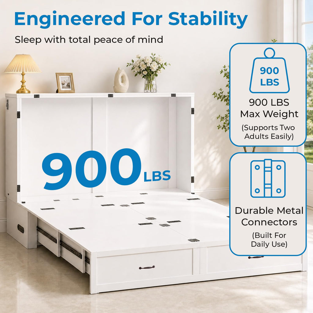Queen Size Murphy Bed Cabinet with Mattress Included, USB Charging Station, Storage Drawer, Panel, 63.39" Width Chest