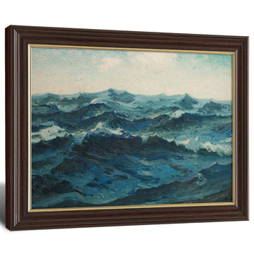 Framed Vintage Ocean Wave Canvas Wall Art, Antique Impressionist Seascape Oil Painting Prints, Teal Blue Coastal Wall