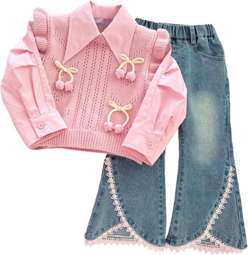 Toddler Girl 3 Piece Set Long Sleeve Shirt with Lace Bow Knitted Vest & Denim Jeans Girls Clothing Sets Fall